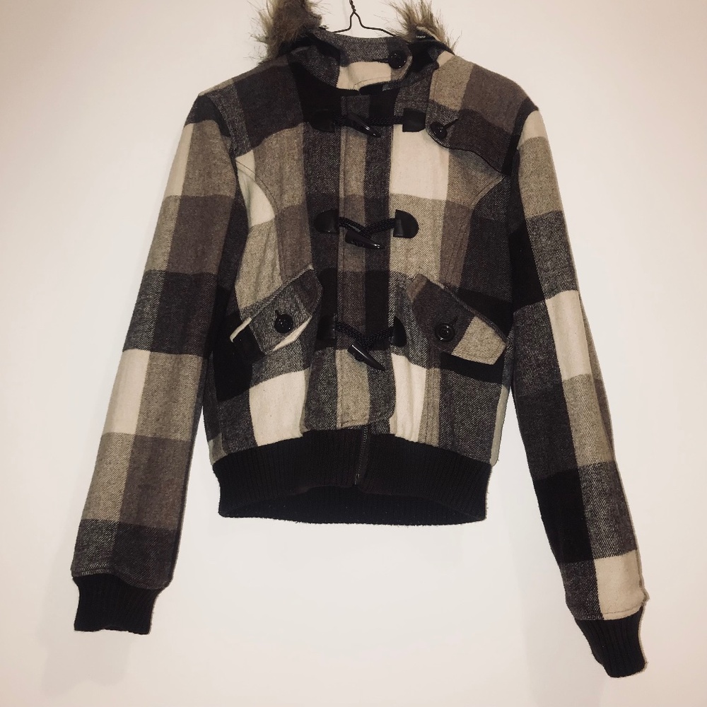 Vintage Y2K Lola Chocolate Brown Plaid Wool Crop Bomber Faux Fur Trim Hood 90s M